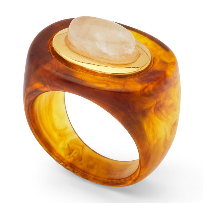 Tortoise Shell Resin and Moonstone Block Ring