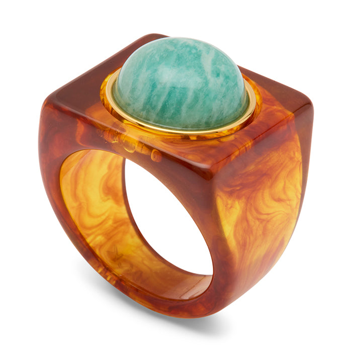 Tortoise Shell Resin and Amazonite Block Ring