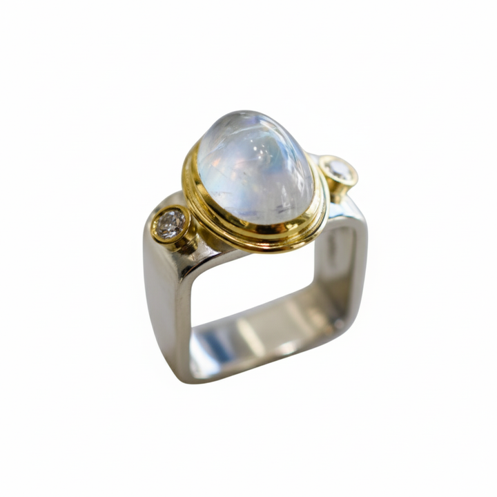 Rainbow Moonstone and Diamond Square Ring - 13x9mm