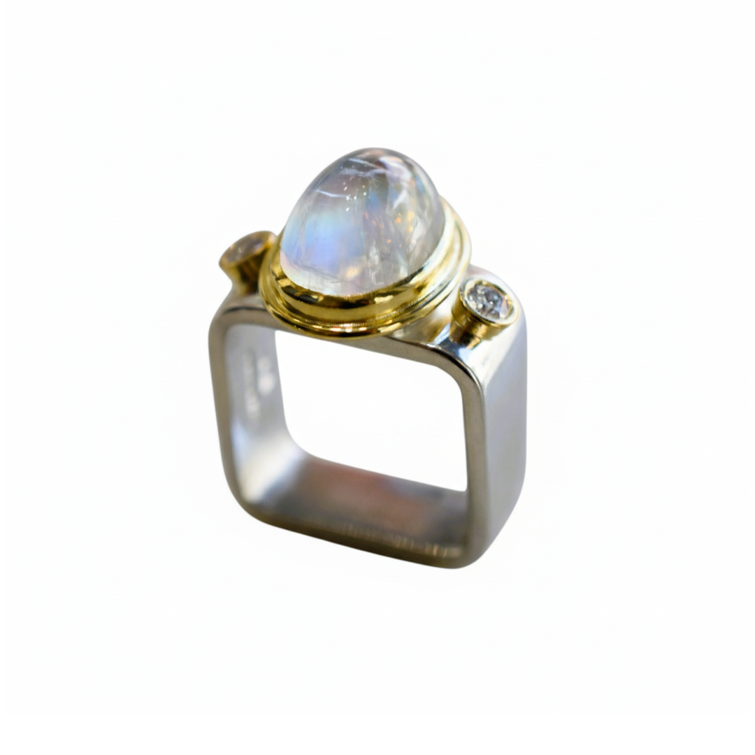 Rainbow Moonstone and Diamond Square Ring - 13x9mm