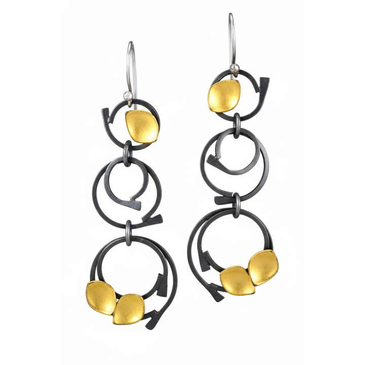 Stud Leaf Drop Circle Earrings in Oxidized Silver