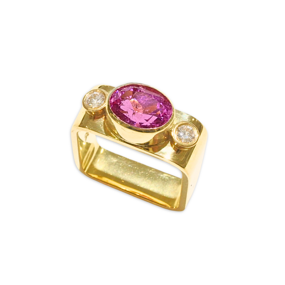 Pink Tourmaline and Diamonds Square Ring