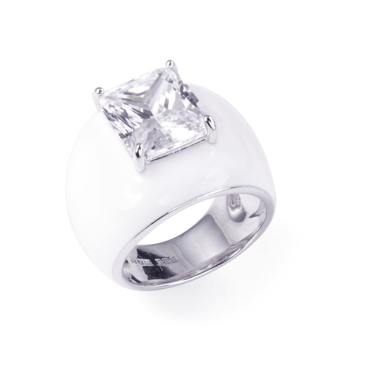 Octagon Faux Diamond White Enamel Cocktail Ring