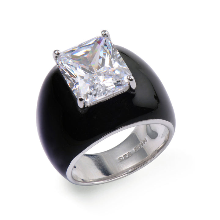 Octagon Faux Diamond Black Enamel Cocktail Ring