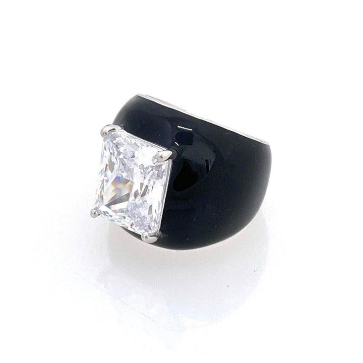 Octagon Faux Diamond Black Enamel Cocktail Ring