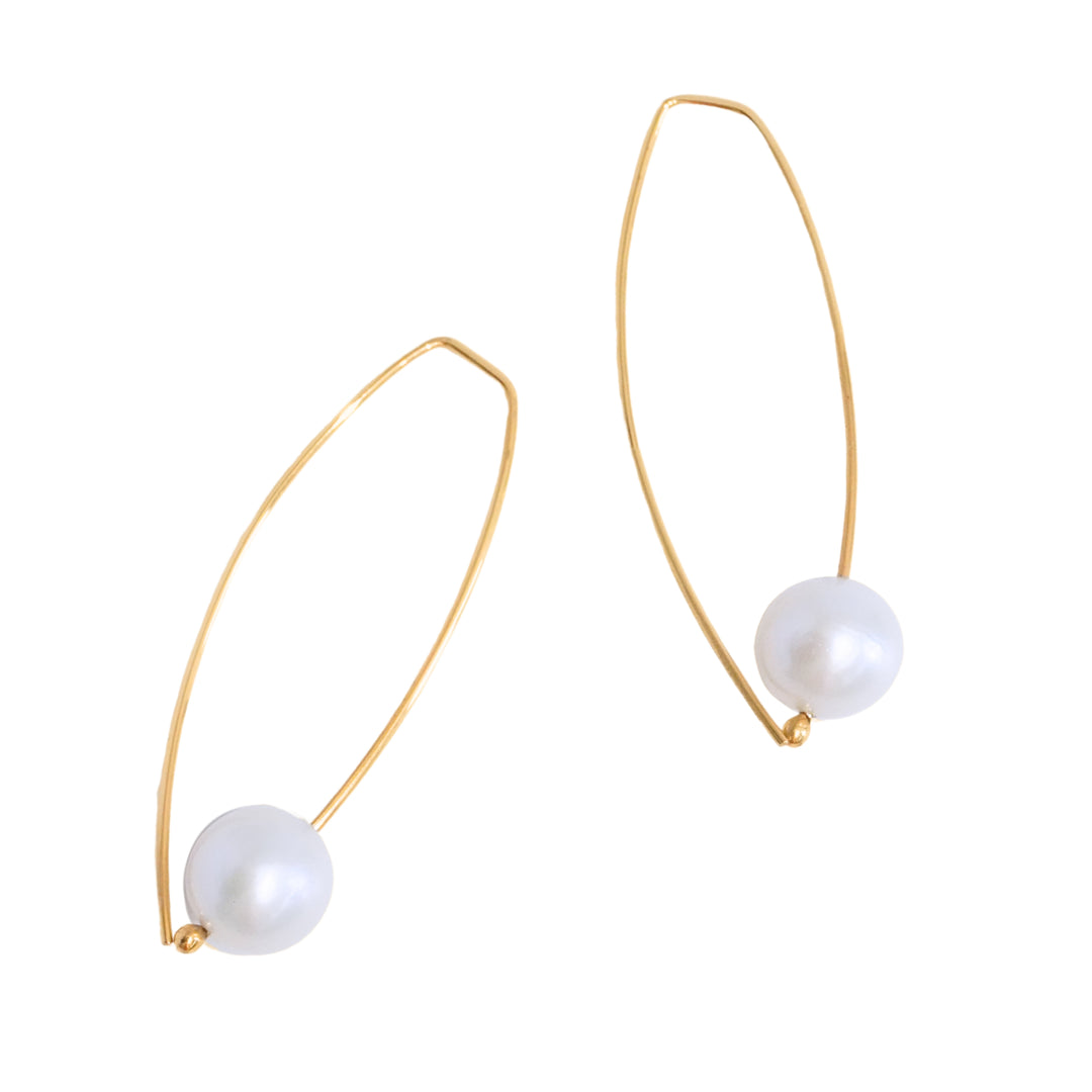 Long Gold White Pearl Earrings