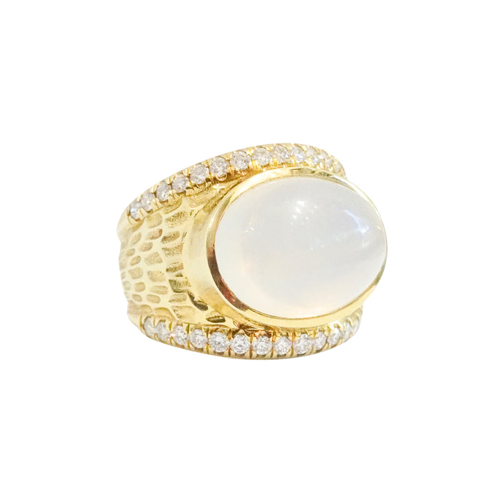 White Moonstone Wide Textured Band with Diamonds