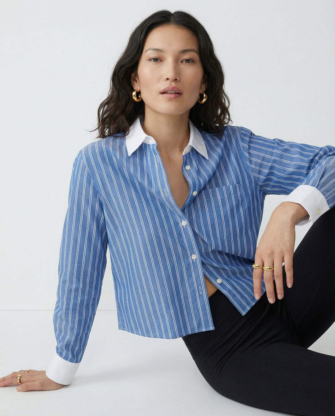 LS Boxy Crop Blue Stripe/White Collar