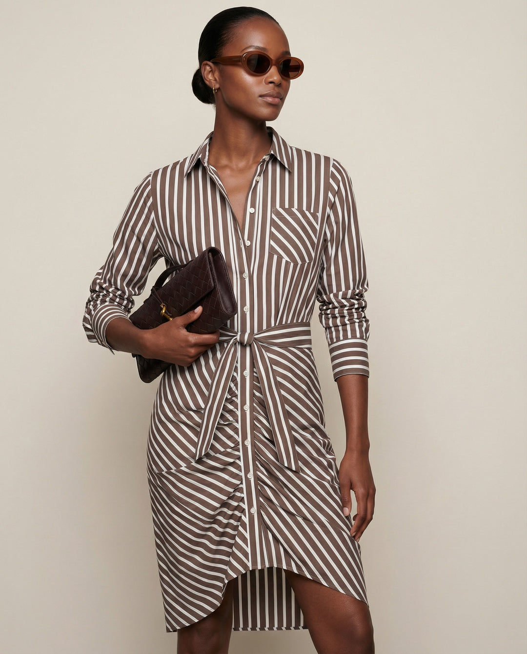 Wrap Front Dress - Brown/White Stripe