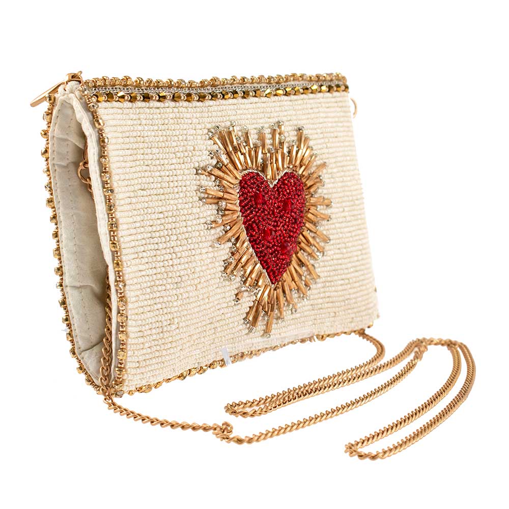 Heart Burst Beaded Red Heart with Ivory Crossbody Phone Bag