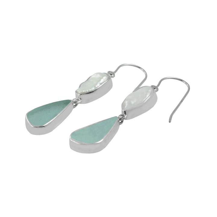 Biwa Pearl and Aqua Sea Glass Drop Earrings