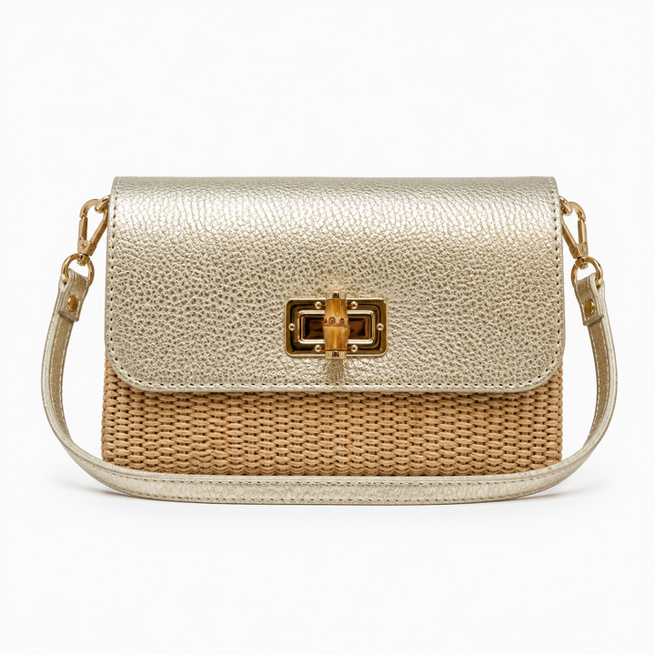 Leather Bamboo Clasp & Raffia Crossbody Bag