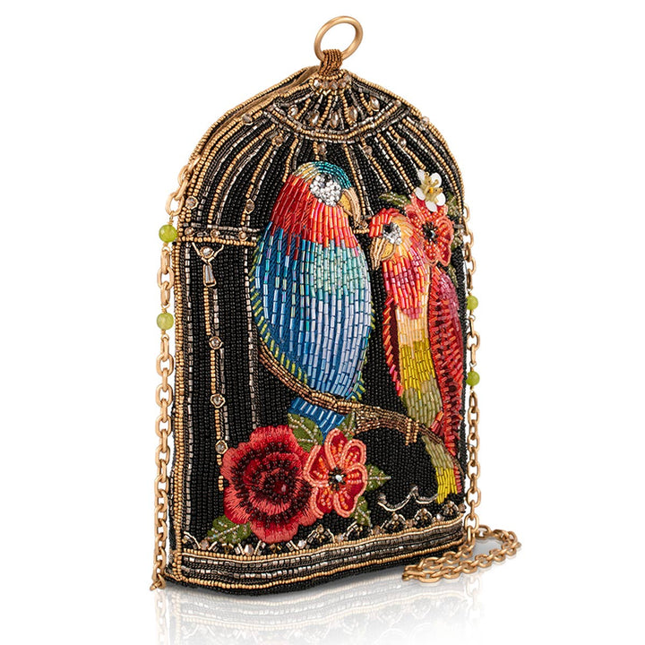 Beak to Beak beaded parrots in birdcage