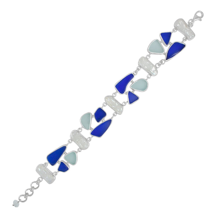 Multi Stone Sea Glass & Biwa Pearl Links Bracelet
