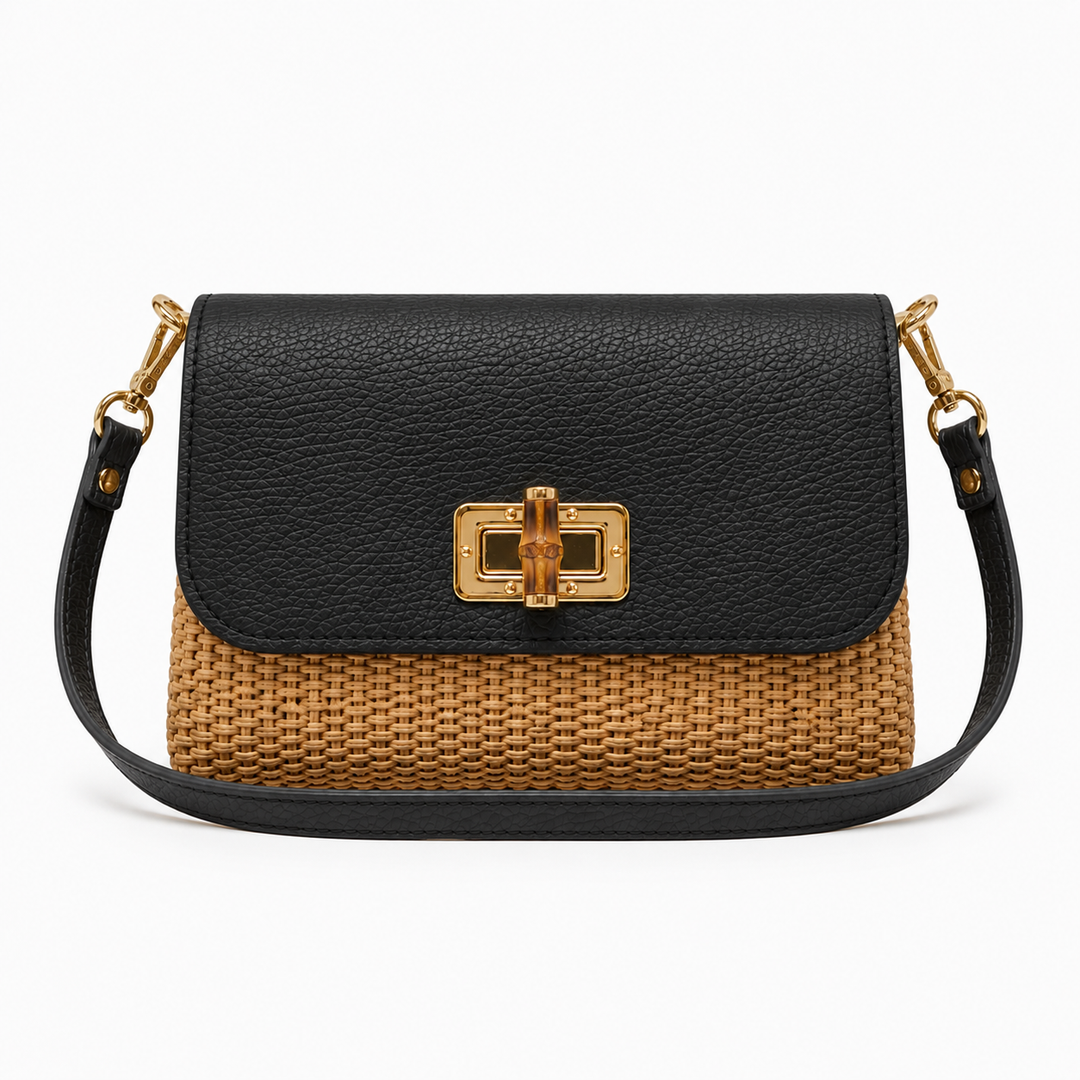 Leather Bamboo Clasp & Raffia Crossbody Bag