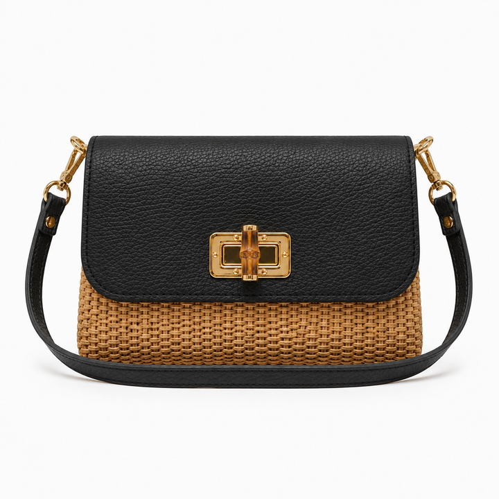 Leather Bamboo Clasp & Raffia Crossbody Bag
