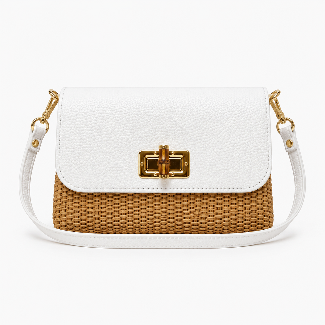 Leather Bamboo Clasp & Raffia Crossbody Bag