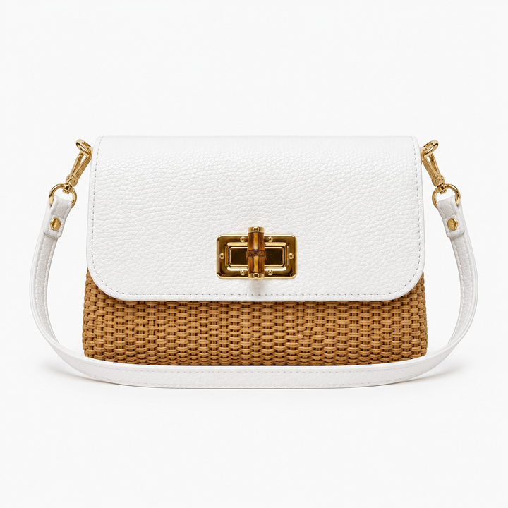 Leather Bamboo Clasp & Raffia Crossbody Bag