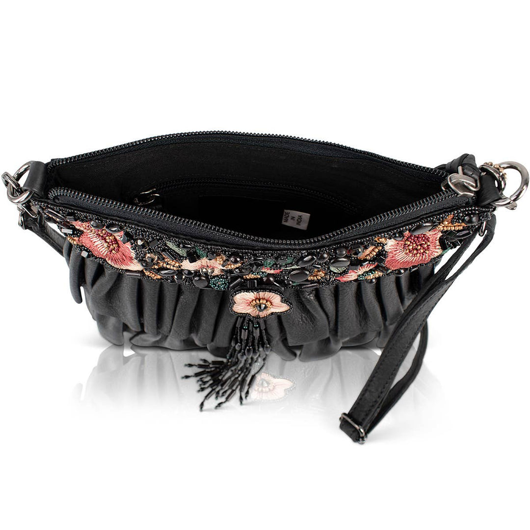 Floral Flair Black Embroidered Ruffle Handbag