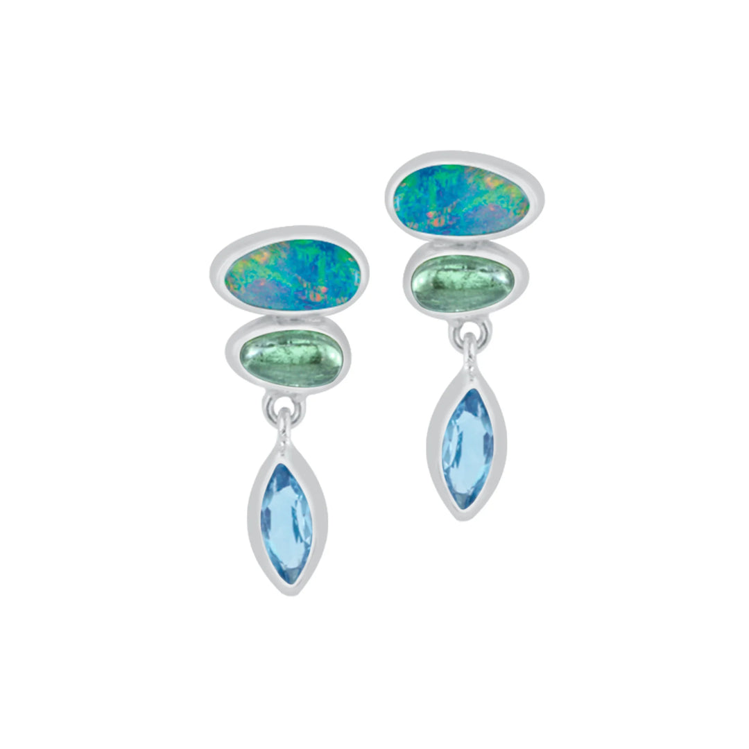 Opal, Green Tourmaline and Blue Topaz Drop Earrings
