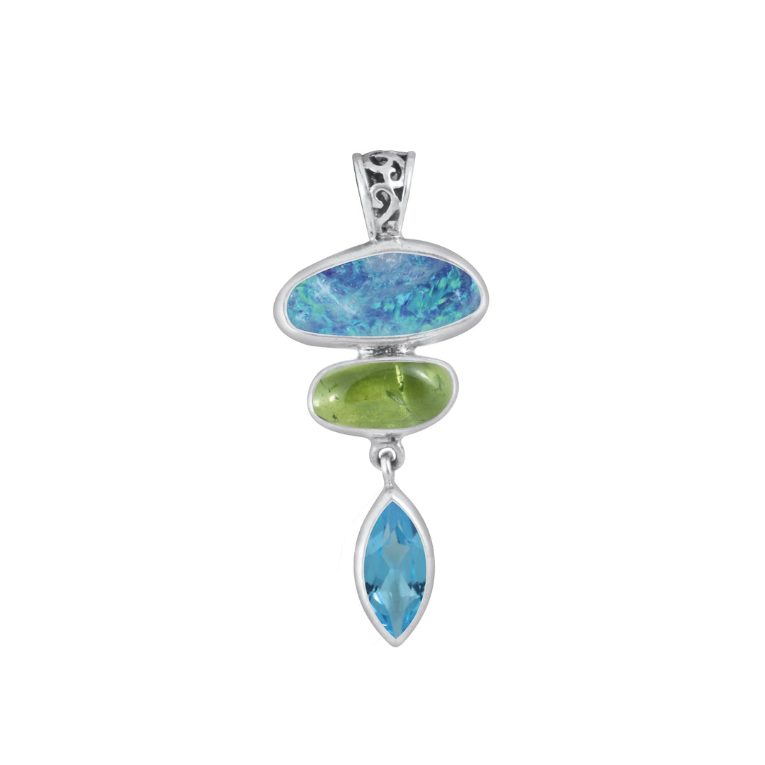 Opal, Green Tourmaline and Blue Topaz Drop Pendant