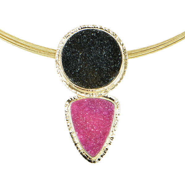 Drusy Cobalt Calcium and Black Drusy Quartz Cabochon Pendant