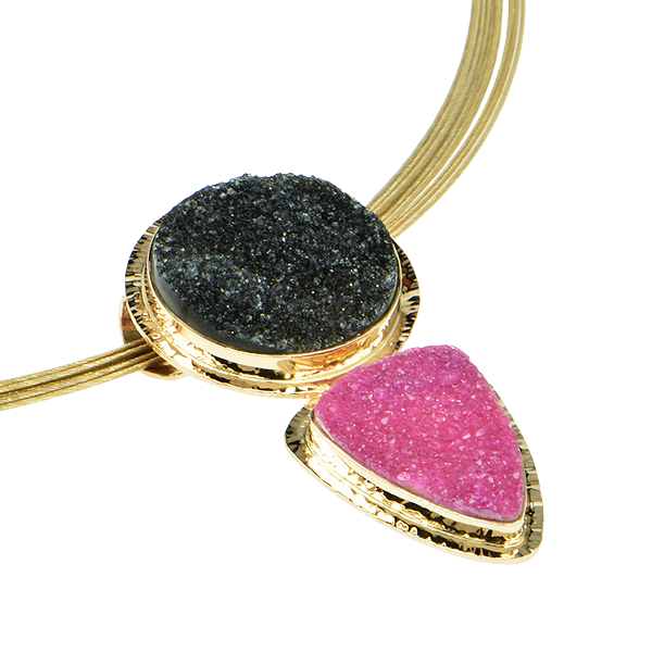 Drusy Cobalt Calcium and Black Drusy Quartz Cabochon Pendant