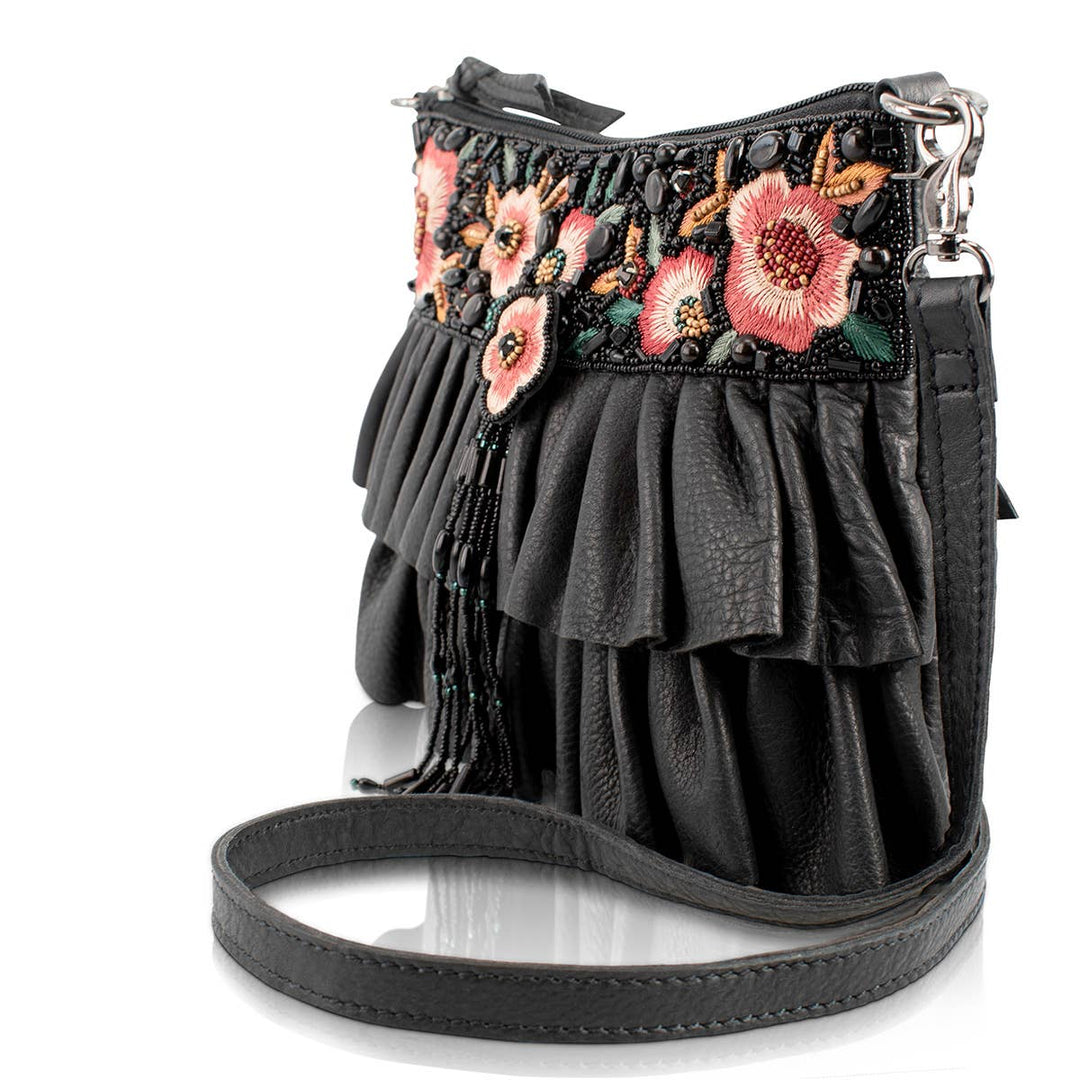 Floral Flair Black Embroidered Ruffle Handbag
