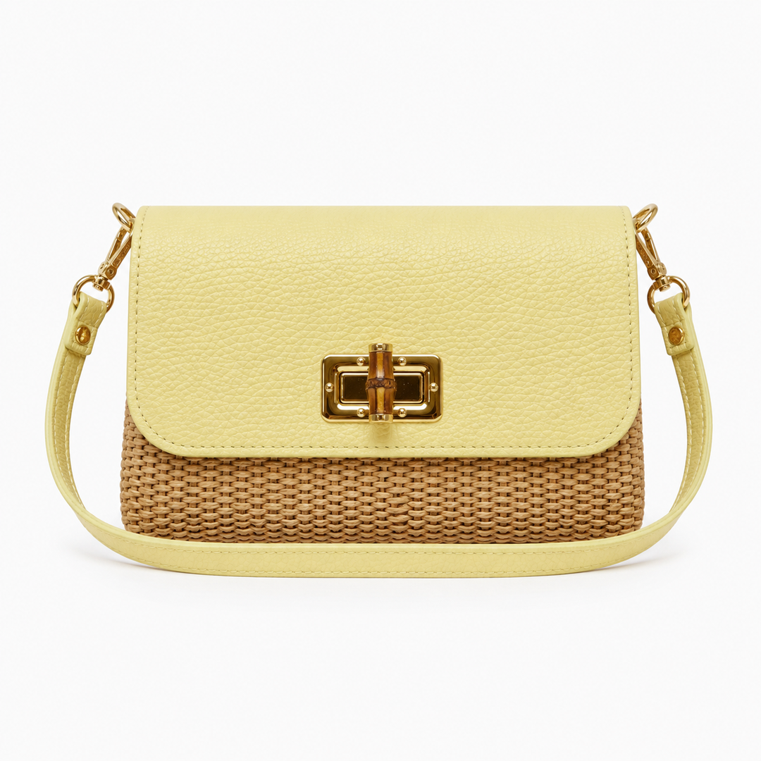 Leather Bamboo Clasp & Raffia Crossbody Bag