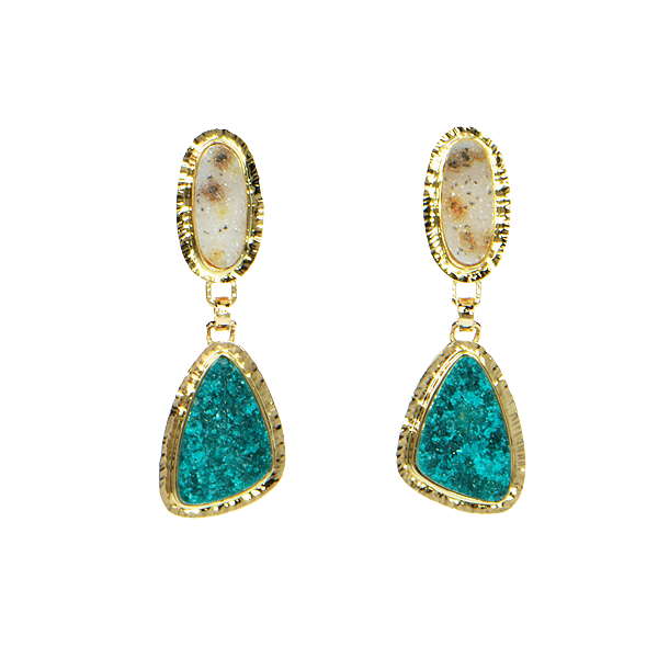 Drusy Chrome Dioptase and Drusy White Quartz Cabochon Earrings