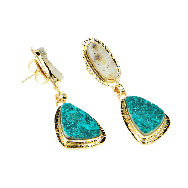 Drusy Chrome Dioptase and Drusy White Quartz Cabochon Earrings