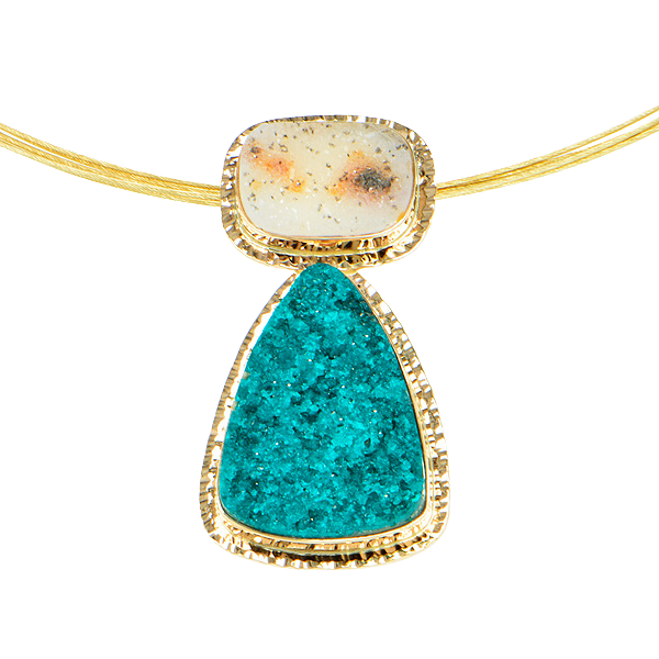 Drusy Dioptase and Speckled White Drusy Quartz Cabochon Pendant