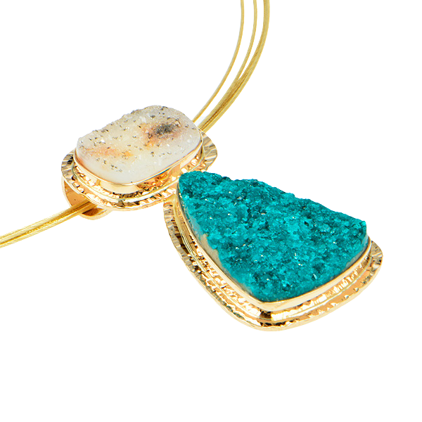 Drusy Dioptase and Speckled White Drusy Quartz Cabochon Pendant