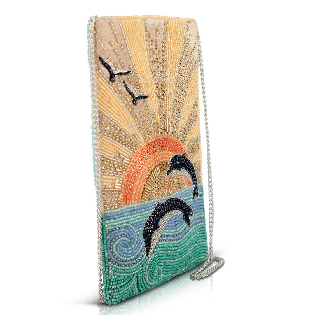 Flip For Joy Sunset and Dolphins Beaded Crossbody Phone Bag