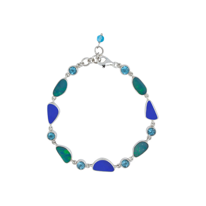 Opal, Blue Topaz, and Blue Sea Glass Links Bracelet
