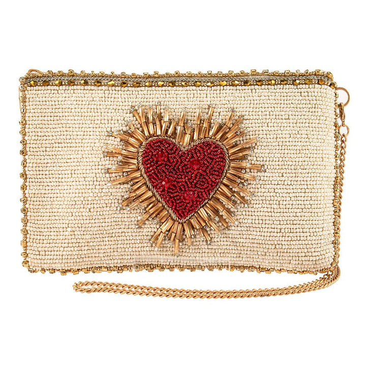 Heart Burst Beaded Red Heart with Ivory Crossbody Phone Bag
