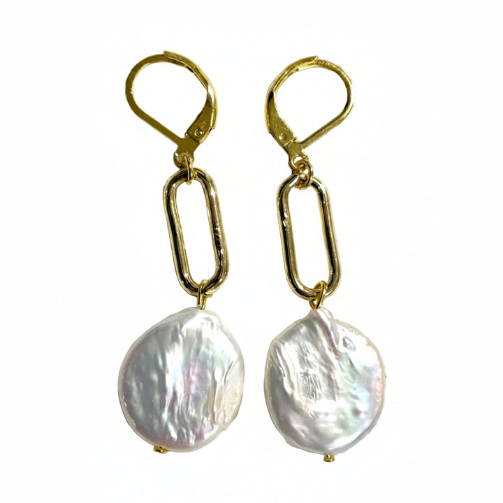 Paperclip and Coin Pearl Drop Dangle Earrings