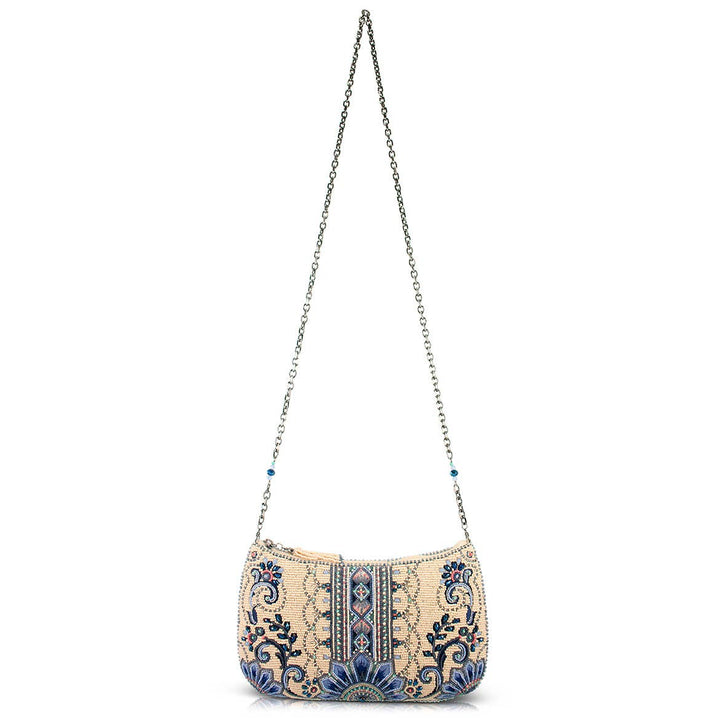 Mediterranean Mood Blue & Cream Floral Beaded Crossbody Bag
