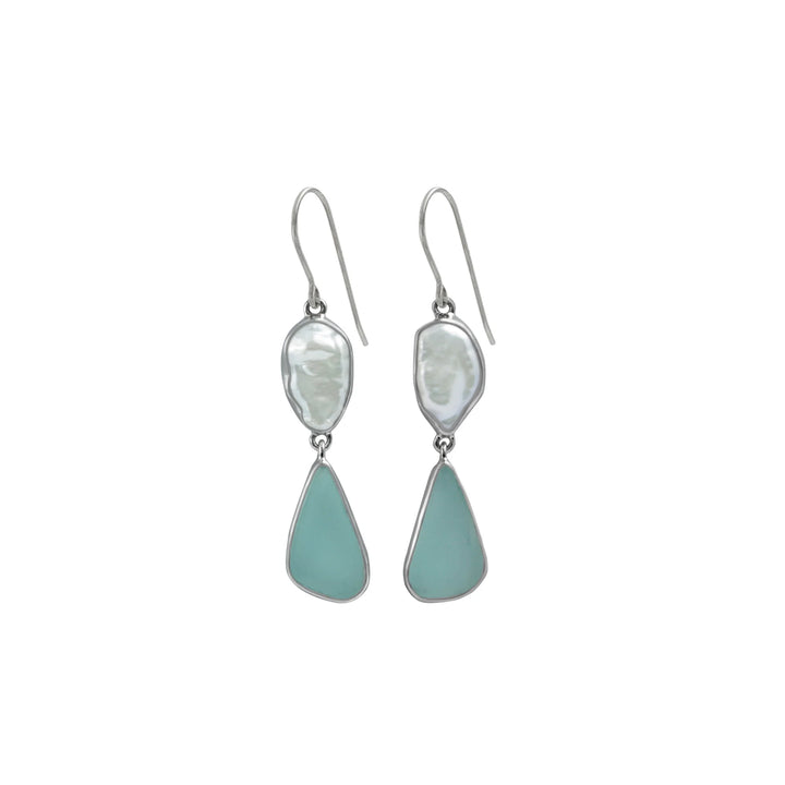 Biwa Pearl and Aqua Sea Glass Drop Earrings