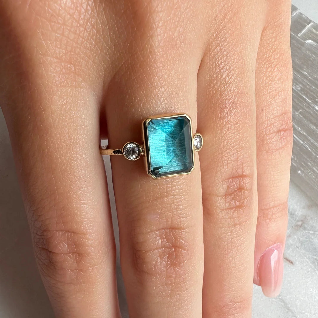 London Blue Topaz Emerald Cut w/ Diamonds Ring