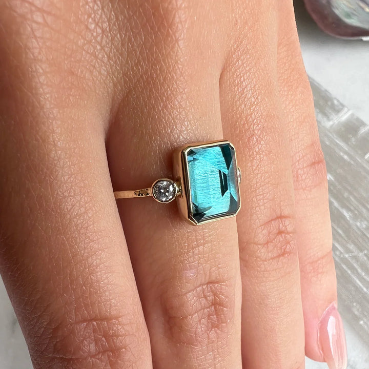 London Blue Topaz Emerald Cut w/ Diamonds Ring