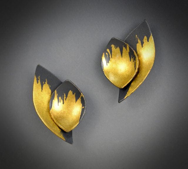 Two Leaf Stud Earrings in Oxidized Silver