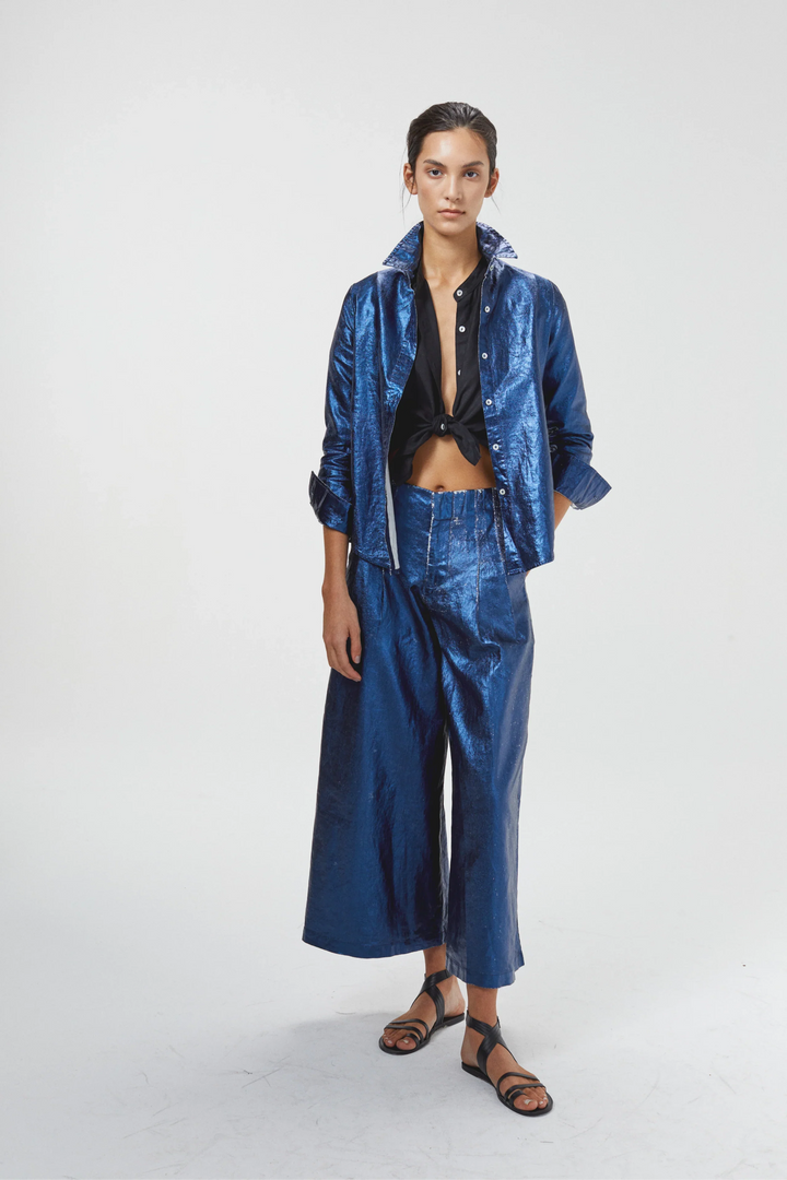 Culotte Metallic Linen Pants - Navy