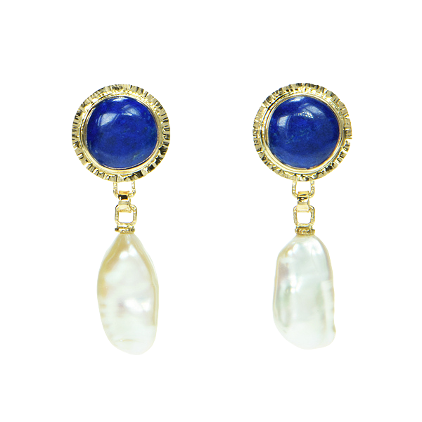 Lapis Cabochon and Freshwater Pearl Earrings