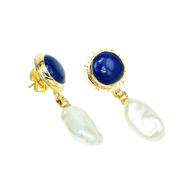 Lapis Cabochon and Freshwater Pearl Earrings