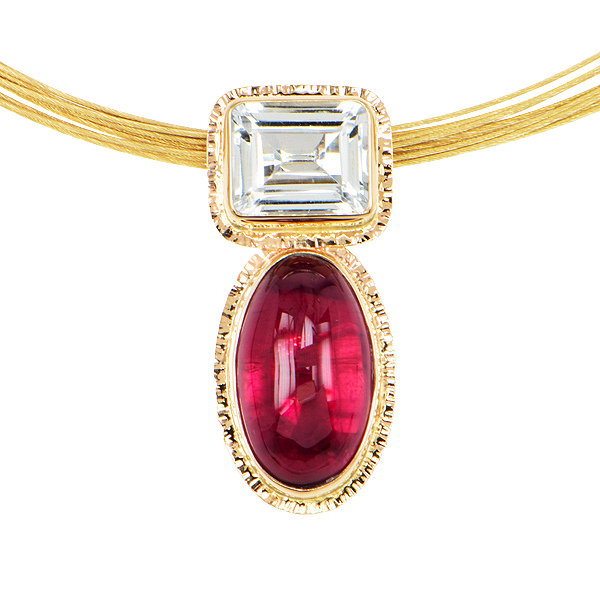 Rubellite Tourmaline Cabochon and White Topaz Rectangular-Cut Pendant