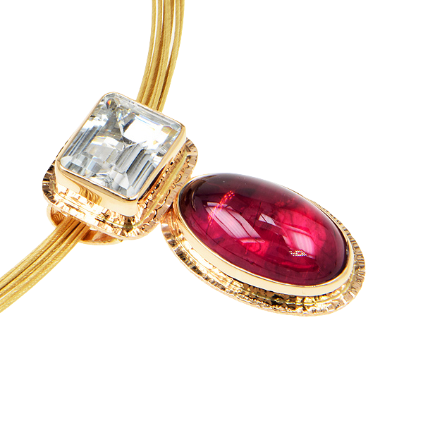 Rubellite Tourmaline Cabochon and White Topaz Rectangular-Cut Pendant