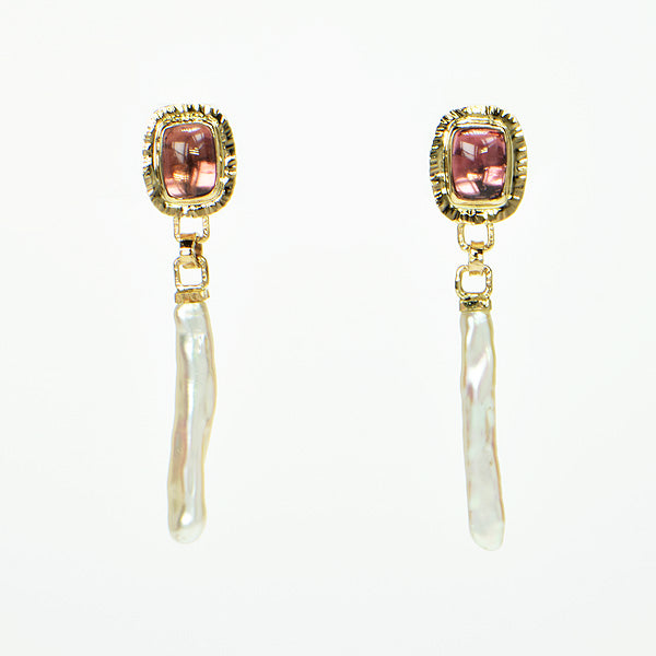 Pink Tourmaline & Stick Pearl Earrings