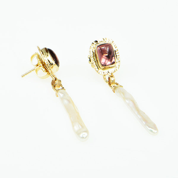 Pink Tourmaline & Stick Pearl Earrings