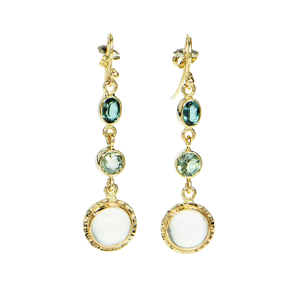 Green Tourmaline Faceted and Ceylon Moonstone Cabochon Earrings